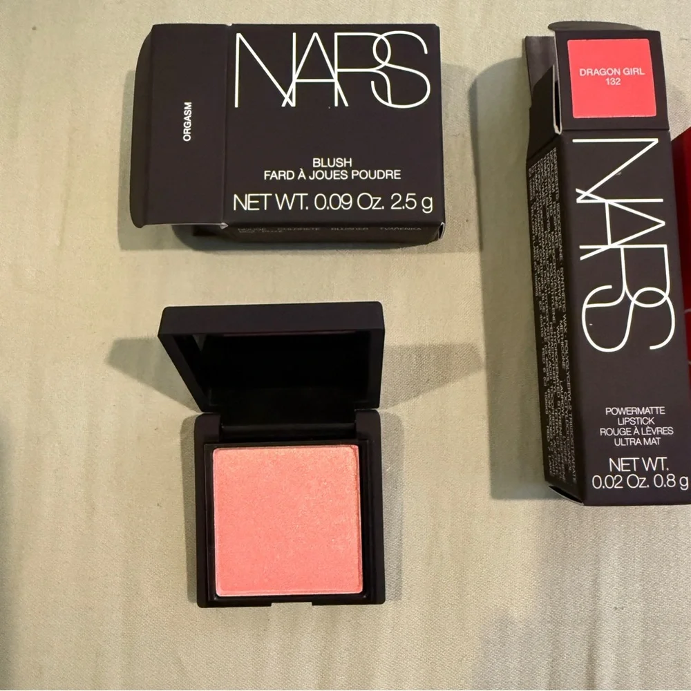 NARS Lipstick, Orgasm Blush, Mascara, Foundation Sample Set w Black Canvas Bag